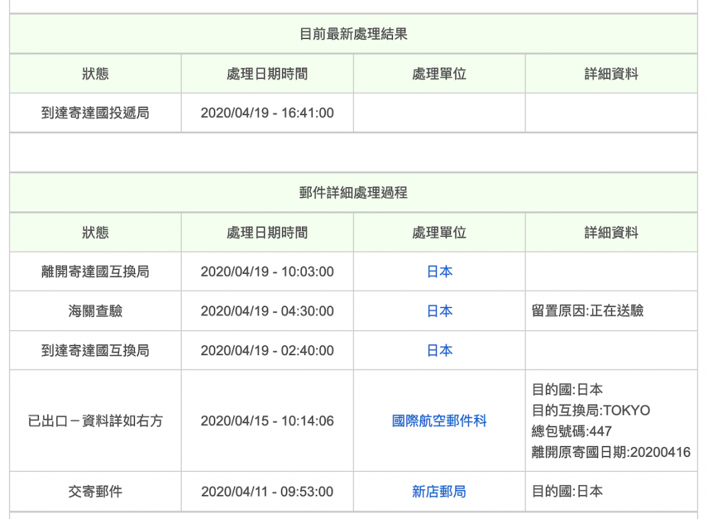 taiwan-ems-to-japan 台灣 寄 EMS 到日本：使用台灣郵政系統查詢的結果
